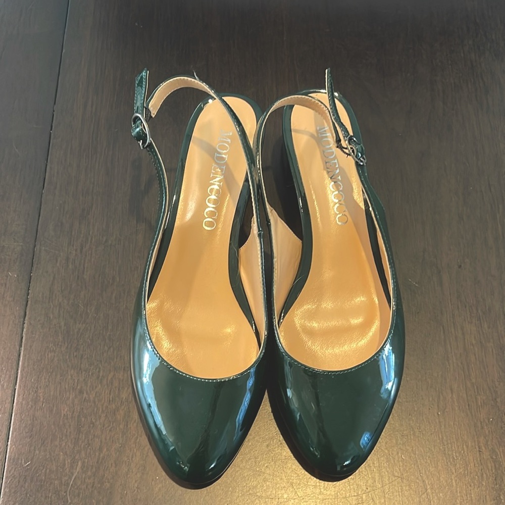 MODENCOCO Dark Forrest Green Block Heel Slingbacks | Size 7.5 EU 38